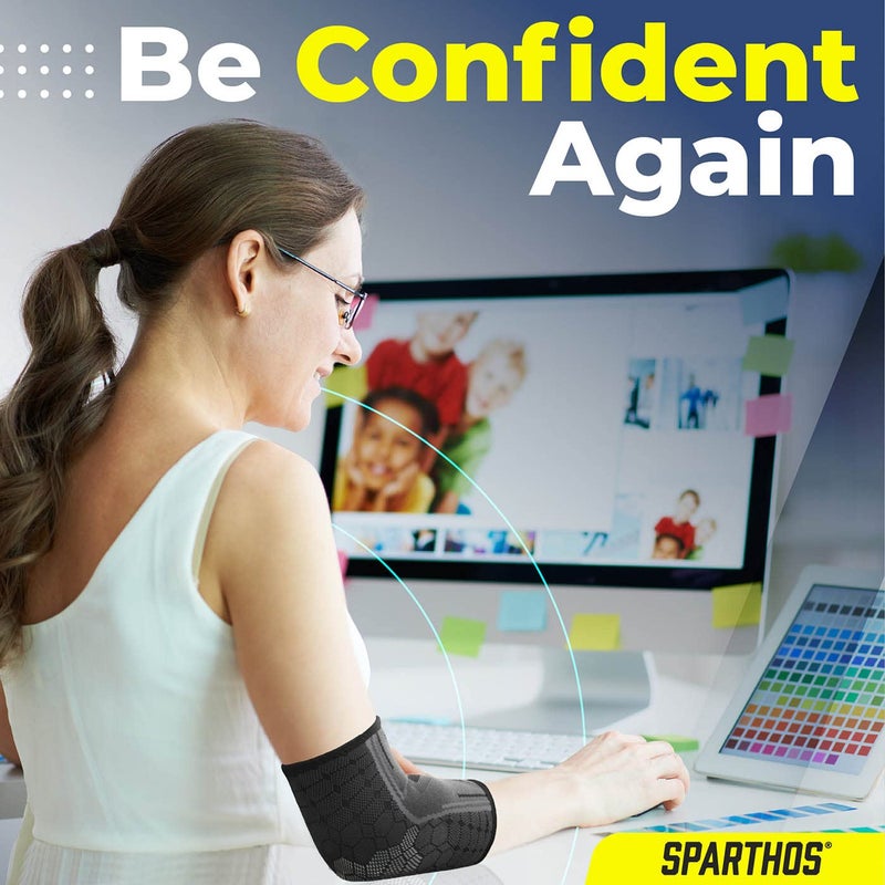 Sparthos Elbow Compression Sleeve (Pair) â€“ Tendonitis Elbow Brace Golfer's Tennis Elbow Support for Men and Women â€“ Arthritis Bursitis Treatment Youth Kids Athletic Sport Basketball (Black-M) - Image 4